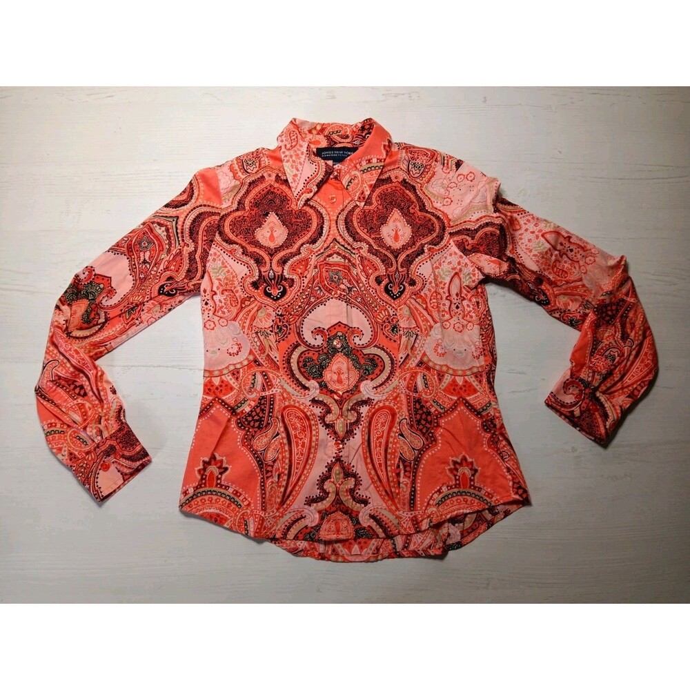Jones New York Petite Button Up Shirt Long Sleeve Paisley Westernwear Size PP